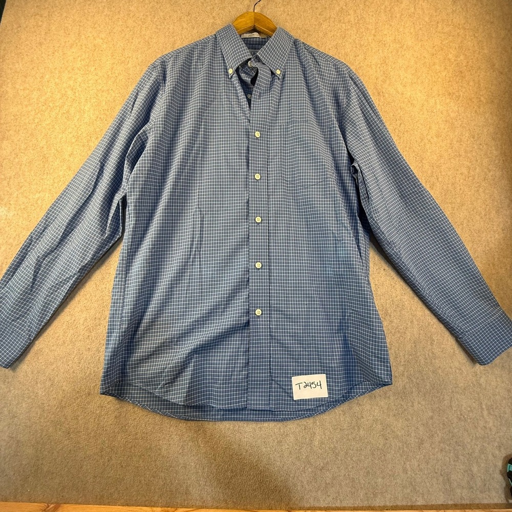 LL Bean Mens Blue White Grid Wrinkle Free Slightly Fitted Button Down Shirt M